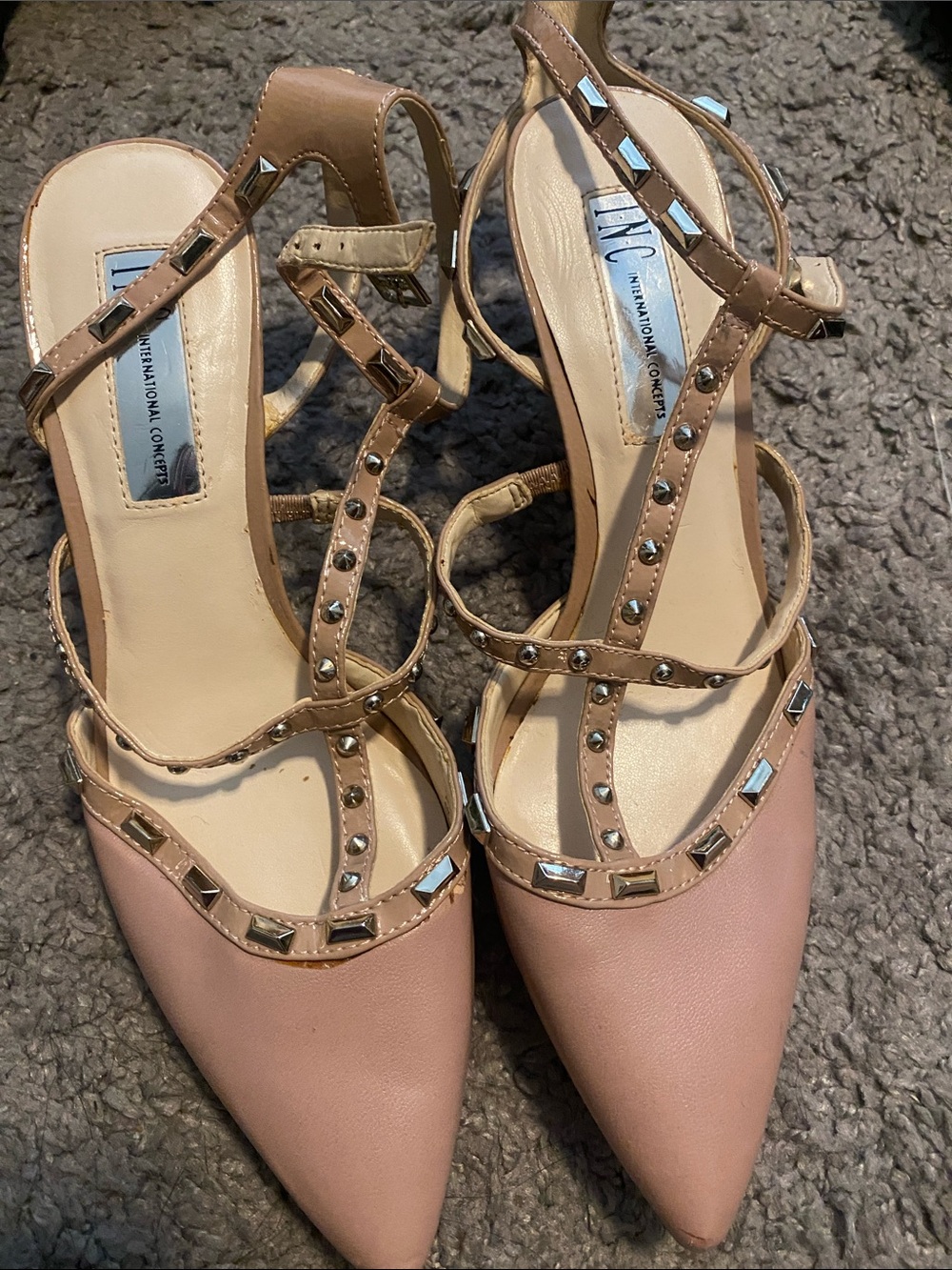 INC International Concepts Blush Pink Studded Pointed-Toe Slingback Heels